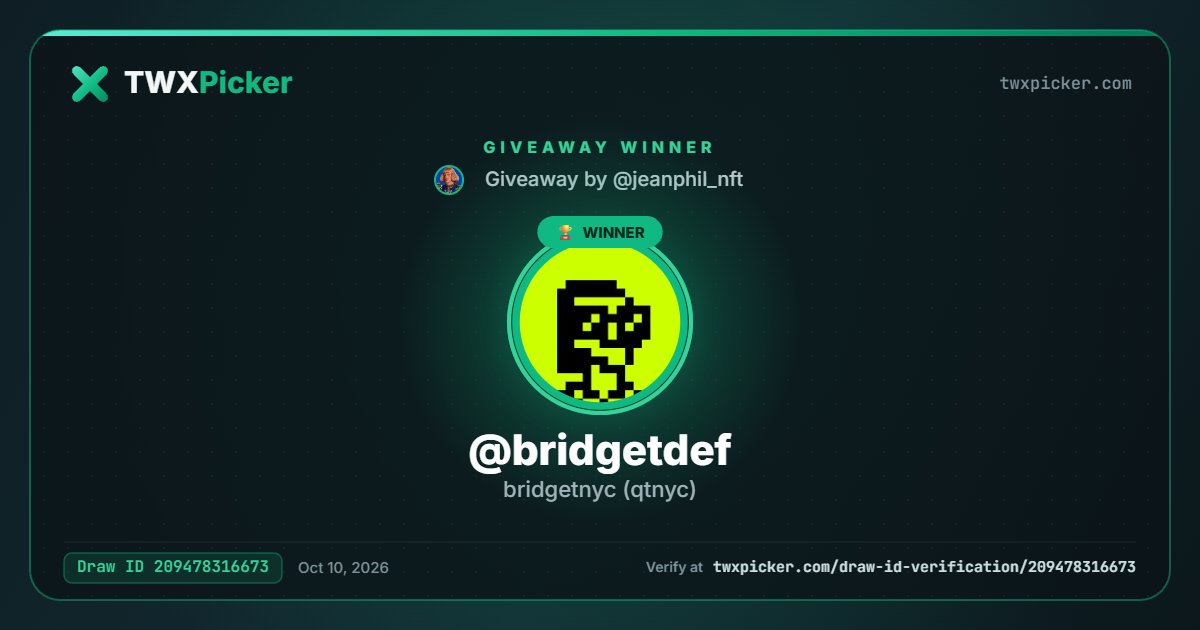 jeanphil_nft's tweet photo. 🎉 Our giveaway winner:

🏆 @bridgetdef

Verify it: https://t.co/B4DNFVtWXF · Draw ID: 209478316673 ✅

Congrats to the winner 👑 &amp; thanks to everyone who entered 💚

@twxpicker #TwXPicker #Giveaway https://t.co/MFu1OB4psl