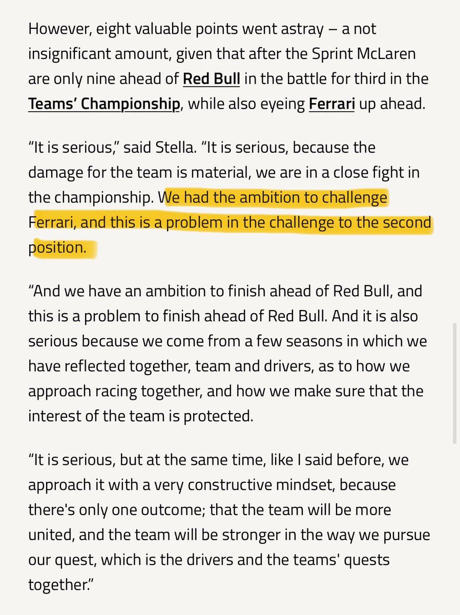 purplelando's tweet photo. mclaren have thrown away easily 100+ points with strategy failures, reliability issues, and poor car competitiveness but andrea stella had the audacity to say that *this* incident is somehow the reason why mclaren will struggle for p2 in the constructors 💀 https://t.co/IKHdZeQfIM