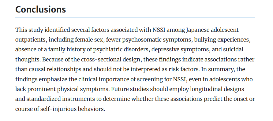 Info4Practice's tweet photo. New on https://t.co/rfJSwQ0Dqo | Clinical characteristics associated with non-suicidal self-injury among Japanese adolescents—Relationship between non-suicidal self-injury and psychosomatic symptoms: a retrospective cross-sectional study | https://t.co/70ayrzh2jR https://t.co/MVWiMt9KkM