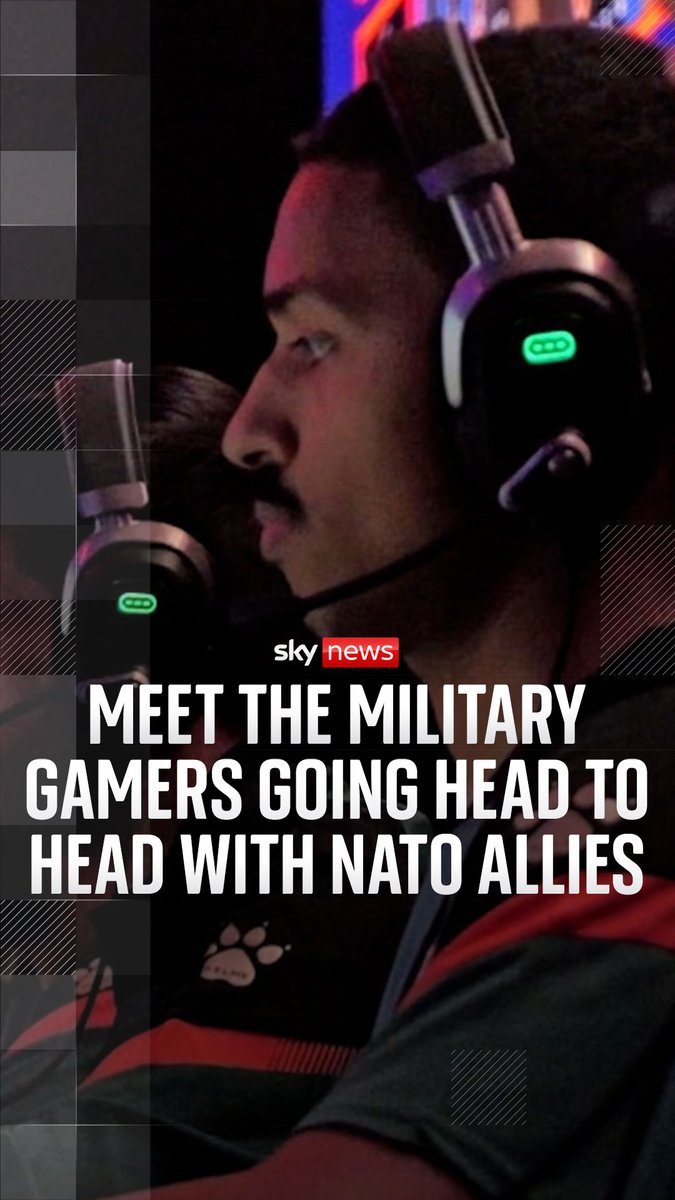 A young man wearing a gaming headset is shown in profile, with Sky News overlay text reading "MEET THE MILITARY GAMERS GOING HEAD TO HEAD WITH NATO ALLIES," illustrating a report on the International Defence Esports Games held in Sunderland where military personnel from NATO countries compete in digital gaming competitions.