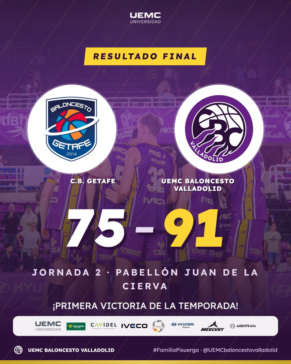 CBC_Valladolid's tweet photo. Ya tenemos la PRIMERA VICTORIA, afición 💜

✅Resultado final 75-91

@UEMC #baloncestovalladolid https://t.co/ZTCOx2JTeN