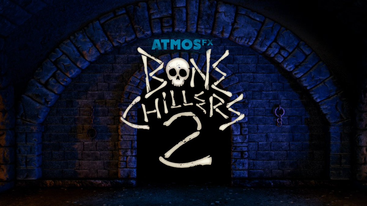 Promotional graphic for 'ATMOSFX Bone Chillers 2' featuring a skull and bones logo against a dark, stone archway backdrop.