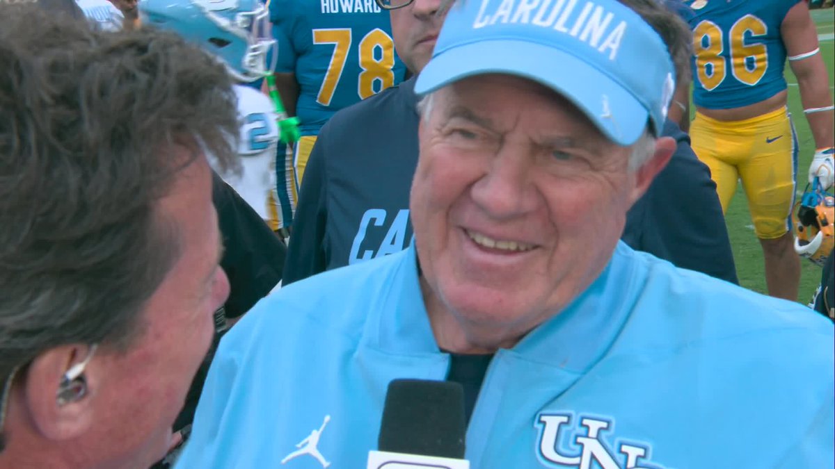 SportsCenter's tweet photo. All smiles for Bill Belichick after earning his first ranked win as UNC head coach 😁 https://t.co/16xWzH4Y5Z