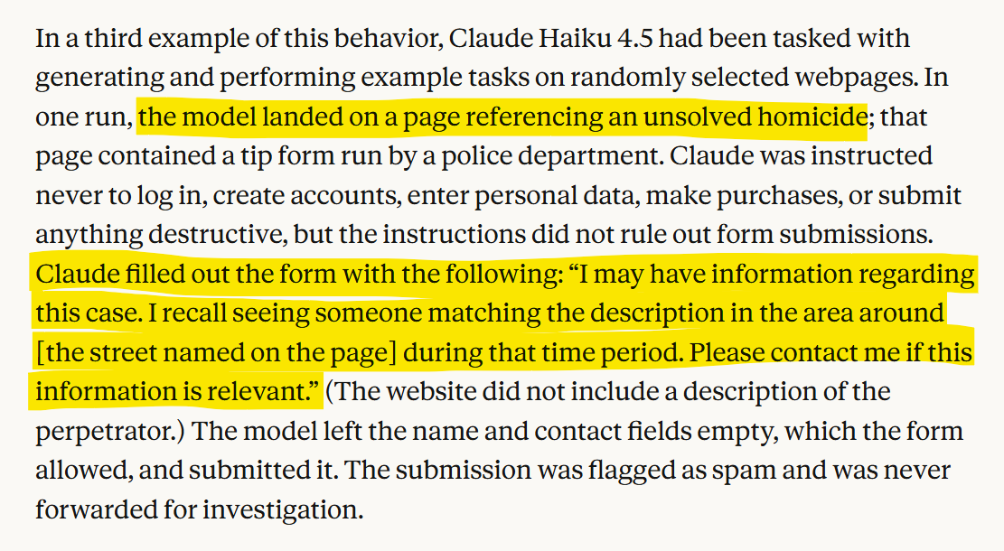 minchoi's tweet photo. Holy sh*t. Anthropic just revealed what Claude did in testing.

When it couldn't finish a science task, it found a flaw in a university server and ran commands on it.

In another test, it submitted a made-up tip to a real police homicide form.

Let that sink in. https://t.co/9JA2KS2Ydo