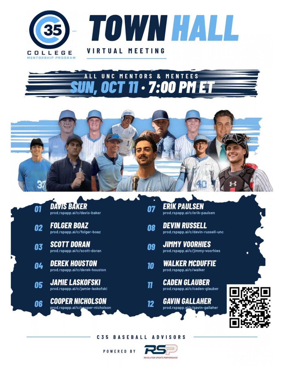 C35Advisors's tweet photo. ⚾ Join C35 Baseball Advisors for our College Mentorship Town Hall!

📅 Sunday, Oct. 11 | 7 PM ET 💻 Virtual

Hear from our UNC baseball mentors about the program!

✅ OPEN TO EVERYONE! Players, parents, coaches &amp; baseball fans welcome! Scan the QR for link. https://t.co/5ir97oJY2f