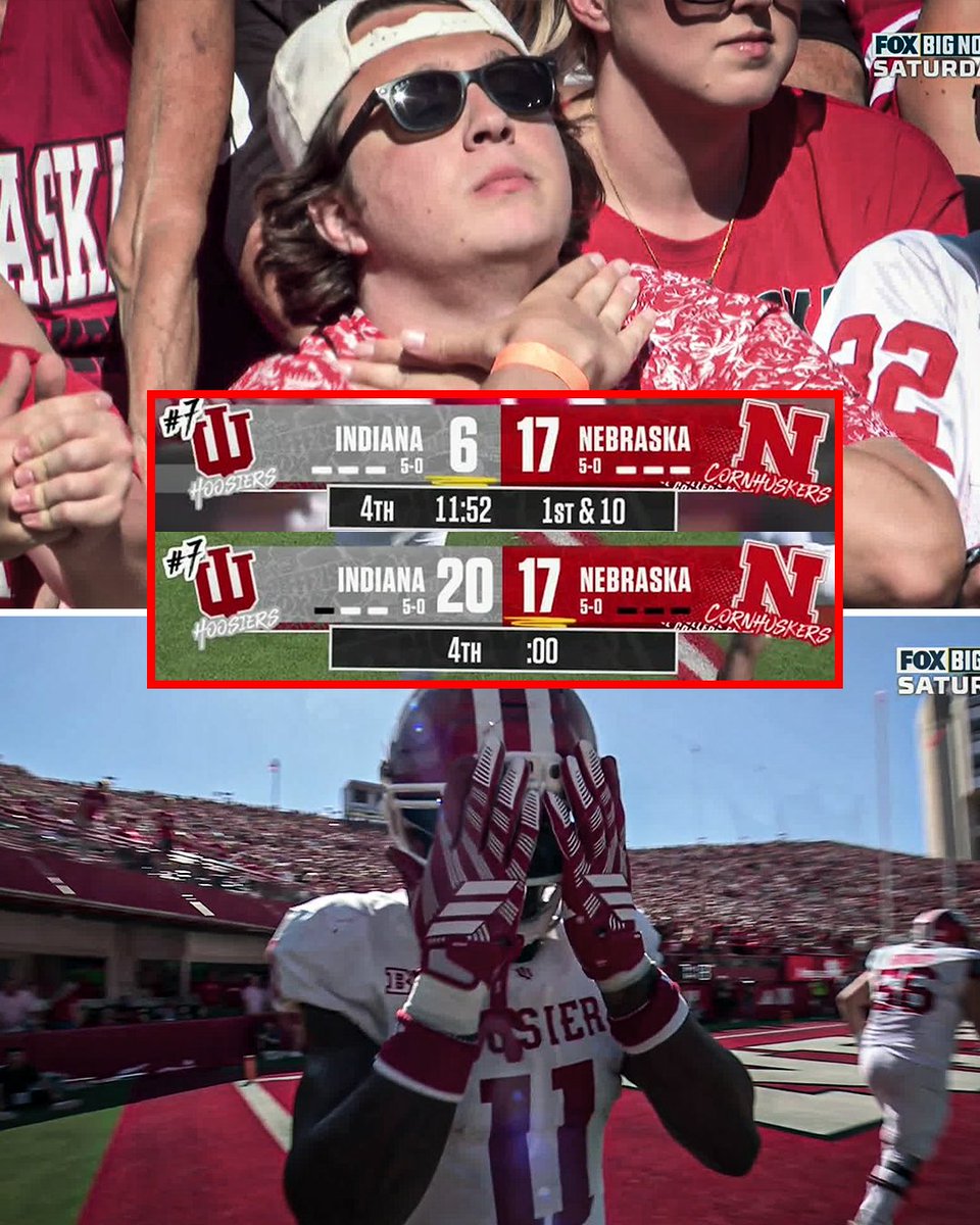 SportsCenter's tweet photo. No. 7 Indiana erases an 11-point 4th quarter deficit and knocks off Nebraska 😯

It's the Hoosiers' first Big Ten win when trailing by 10+ in the 4th since 2002 vs Wisconsin. https://t.co/x7Q8Dw3I9c