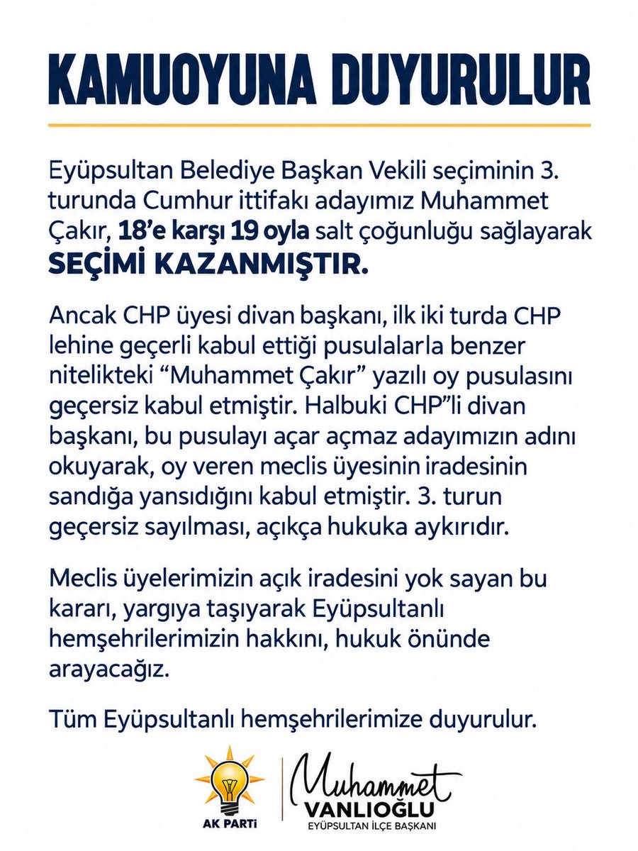 Muhmmtvanlioglu's tweet photo. Eyüpsultan Belediye Başkan Vekili seçiminin 3. turunda Cumhur ittifakı adayımız Muhammet Çakır, 18’e karşı 19 oyla salt çoğunluğu sağlayarak SEÇİMİ KAZANMIŞTIR.

Ancak CHP üyesi divan başkanı, ilk iki turda CHP lehine geçerli kabul ettiği pusulalarla benzer nitelikteki “Muhammet Çakır” yazılı oy pusulasını geçersiz kabul etmiştir. Halbuki CHP’li divan başkanı, bu pusulayı açar açmaz adayımızın adını okuyarak, oy veren meclis üyesinin iradesinin sandığa yansıdığını kabul etmiştir.  3. turun geçersiz sayılması, açıkça hukuka aykırıdır. 

Meclis üyelerimizin açık iradesini yok sayan bu kararı, yargıya taşıyarak Eyüpsultanlı hemşehrilerimizin hakkını, hukuk önünde arayacağız.

Tüm Eyüpsultanlı hemşehrilerimize duyurulur.