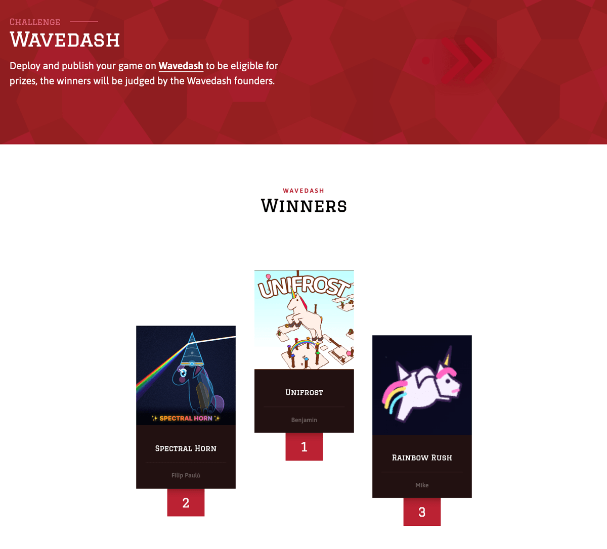 js13kGames's tweet photo. Please welcome the @Wavedash #challenge #winners in #js13k 2026!

1. Grand prize: Unifrost by Benjamin
2. Runner-up prize: Spectral Horn by Filip Paulů
3. Third place: Rainbow Rush by Mike

https://t.co/yfODHc6yVB

Congratulations! 🎉

#Wavedash #challenge #gamedev #gamedevjs https://t.co/H0rkxJVisN
