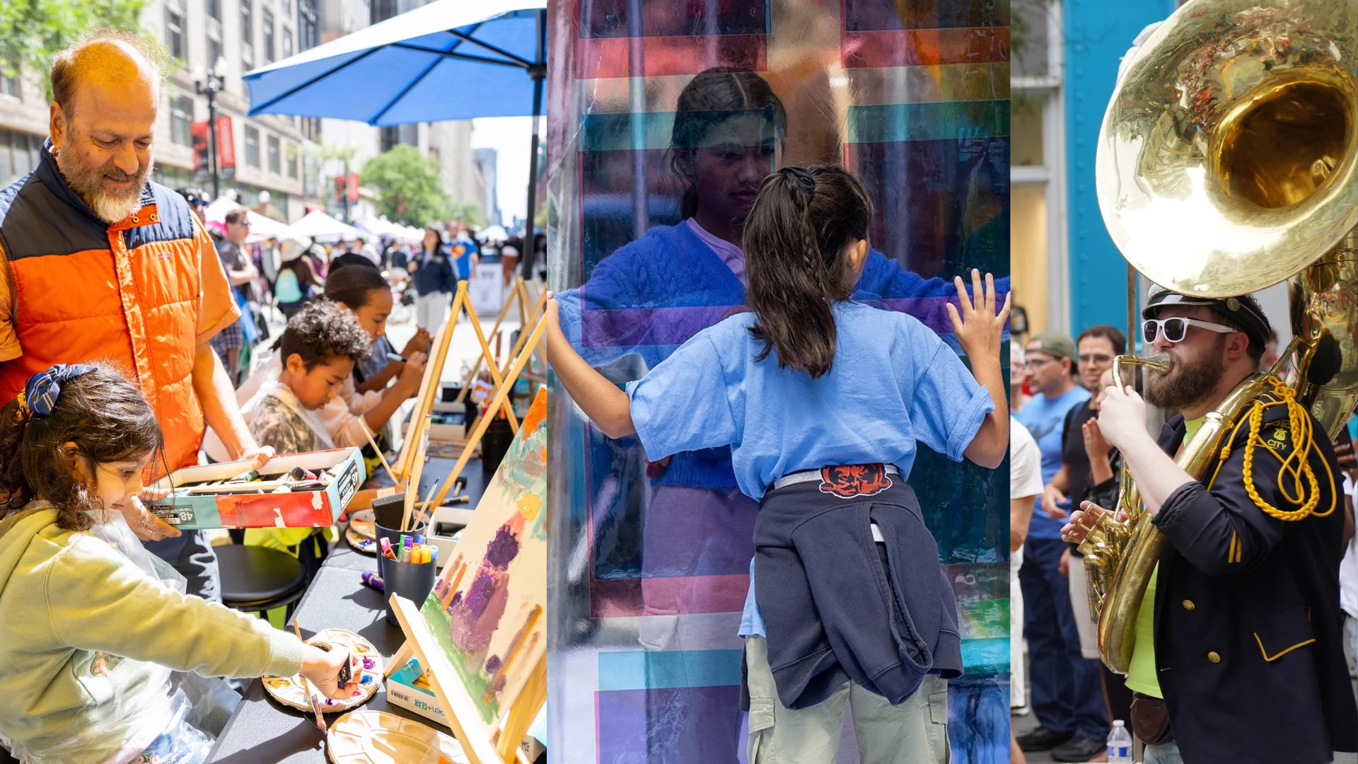 1) A man in a sailor’s uniform plays a sousaphone at the Loop Arts Fest. 2) Two girls play at the Loop Art Fest with a gigantic translucent rainbow-colored plastic-looking pane. 3) A father watches their daughter paint outdoors on canvas at the Loop Arts Fest. 