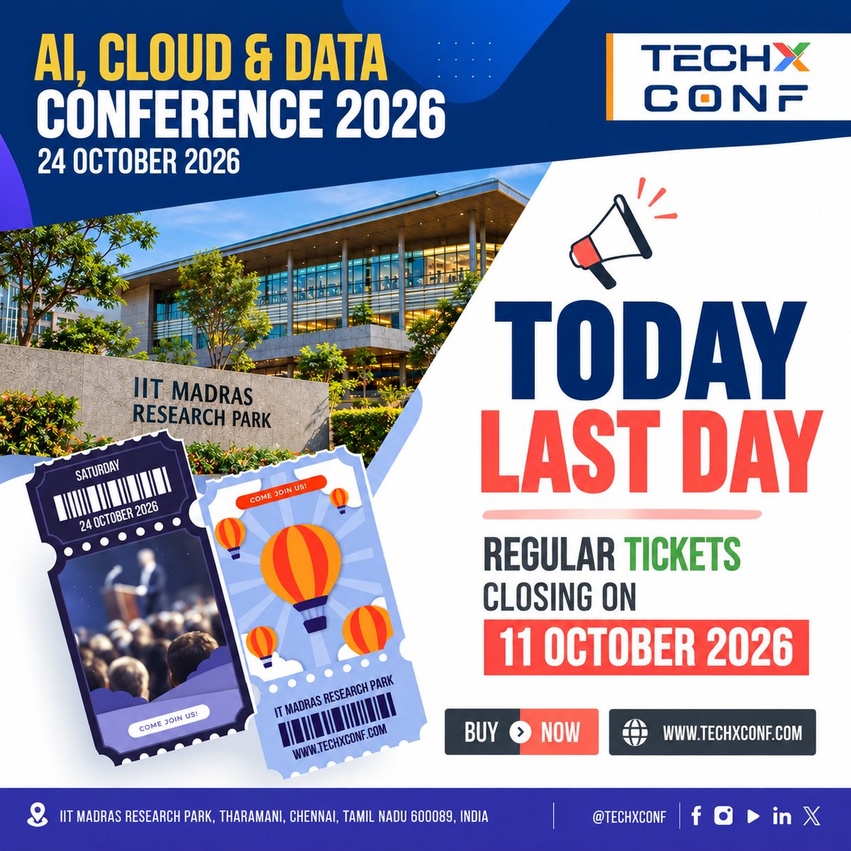 TechXConf's tweet photo. 🚨 TODAY IS THE LAST DAY! ⏳🔥

The clock is ticking for TechXConf! 🚀

🎟️ Regular ticket sales close TODAY! This is your final chance to join the tech community, connect with brilliant minds, exchange ideas, and be part of an incredible experience.

💡 Don’t miss out on the opportunity to learn, collaborate, and expand your network!

⚡ Last chance to grab your ticket — secure your spot NOW!

👉 Get your ticket here:  https://t.co/a9SK30u2Vn

#TechXConf #TechXConf2026 #TechConference #TechCommunity #Technology #Networking #LastChance