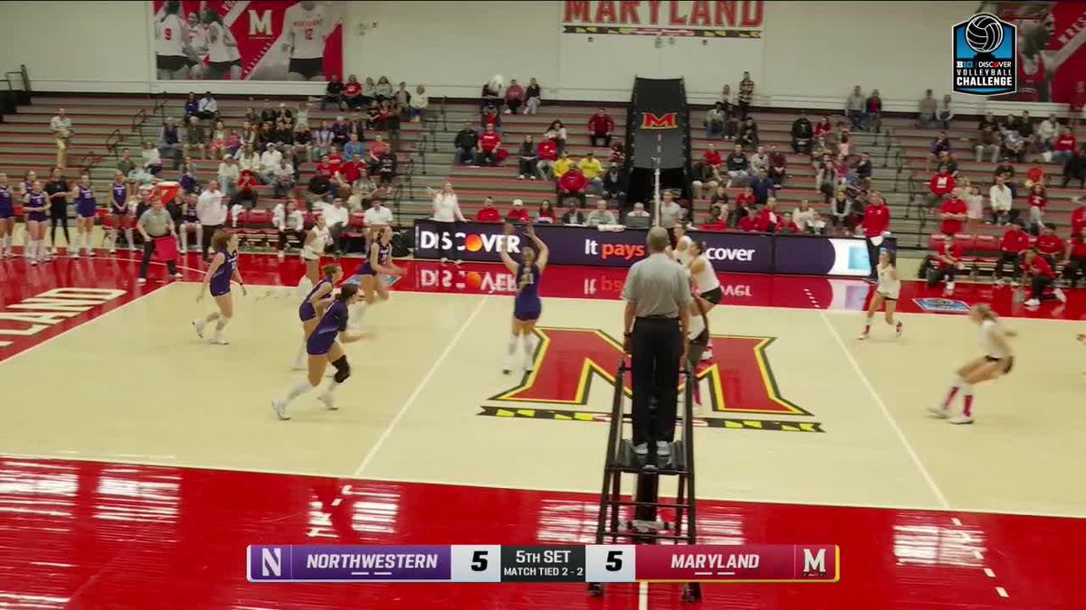 A volleyball match between Northwestern and Maryland, with the score tied 5-5 in the 5th set of a match tied 2-2, as part of the Discover Volleyball Challenge.