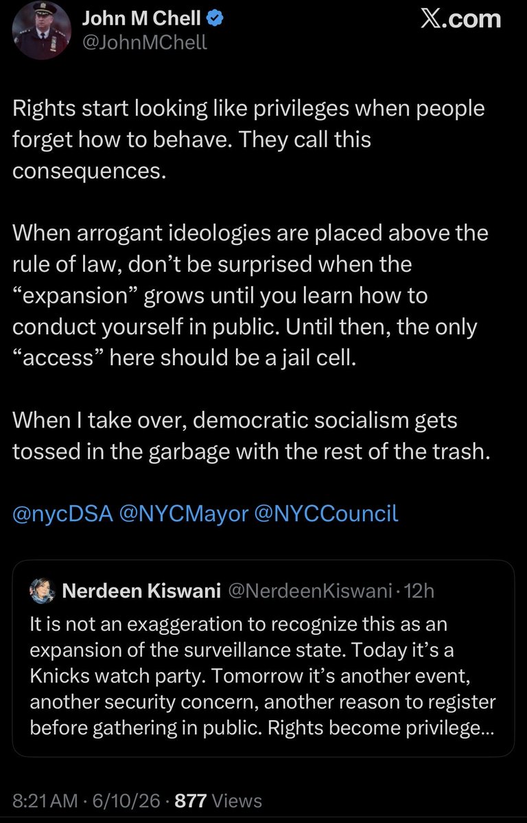 NerdeenKiswani's tweet photo. I find it funny how people invent hypothetical threats against Mamdani to justify keeping Jessica Tisch as NYPD Commissioner. “Maybe they threatened him behind the scenes!” “Maybe his life is at risk!” Based on what?

I’ve been brutalized by the NYPD multiple times and am suing them. Their former highest-ranking uniformed officer publicly threatened me with violence and arrest, while another top official tried to discredit my account of police ripping off my hijab by releasing footage taken after it happened.

None of that has stopped me from demanding justice for New Yorkers subjected to police violence or Palestinians subjected to the NYPD’s collaboration with Israeli occupation forces.

And if the NYPD is supposedly so dangerous that even the mayor can’t challenge its leadership, isn’t that an even stronger argument for confronting its power rather than accommodating it?

Why should ordinary people be expected to risk their safety fighting institutions that elected officials are excused from challenging?
