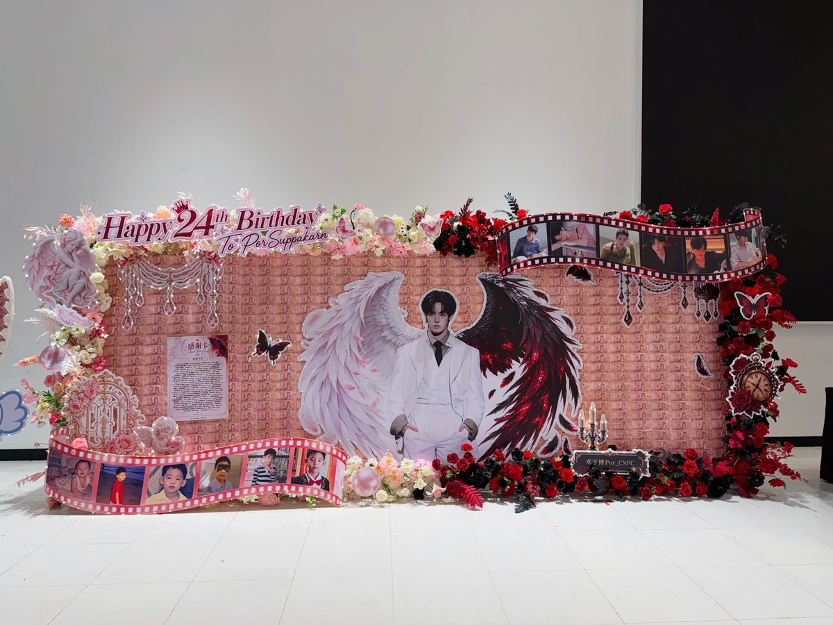 allforpor's tweet photo. ✨ The 5-meter black-and-white angel flower wall and 24 adorable birthday cakes, each representing a year of Por’s life, have all been successfully set up! 🎂🪽

All our anticipation has finally turned into reality. We can’t wait to celebrate at today’s birthday event! 🥺🫶🏻

#porsuppakarn 
#Happyporday