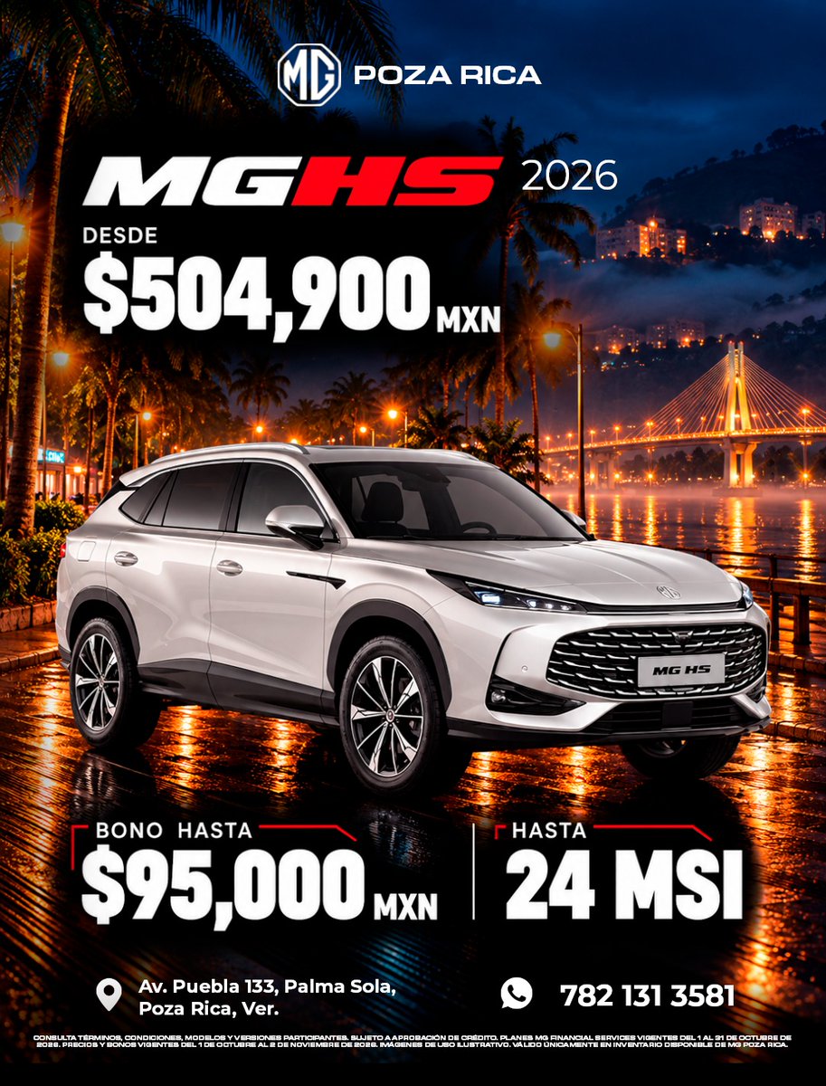 mg_pozarica's tweet photo. 🚙✨ ¡Una SUV que destaca desde el primer vistazo!
MG HS 2026 desde $504,900 MXN.
💰 Bono de hasta $95,000 o hasta 24 MSI.
📍 Conócela en MG Poza Rica.
#MGHS #MGPozaRica #EstrenaMG https://t.co/aRNx89xmy7