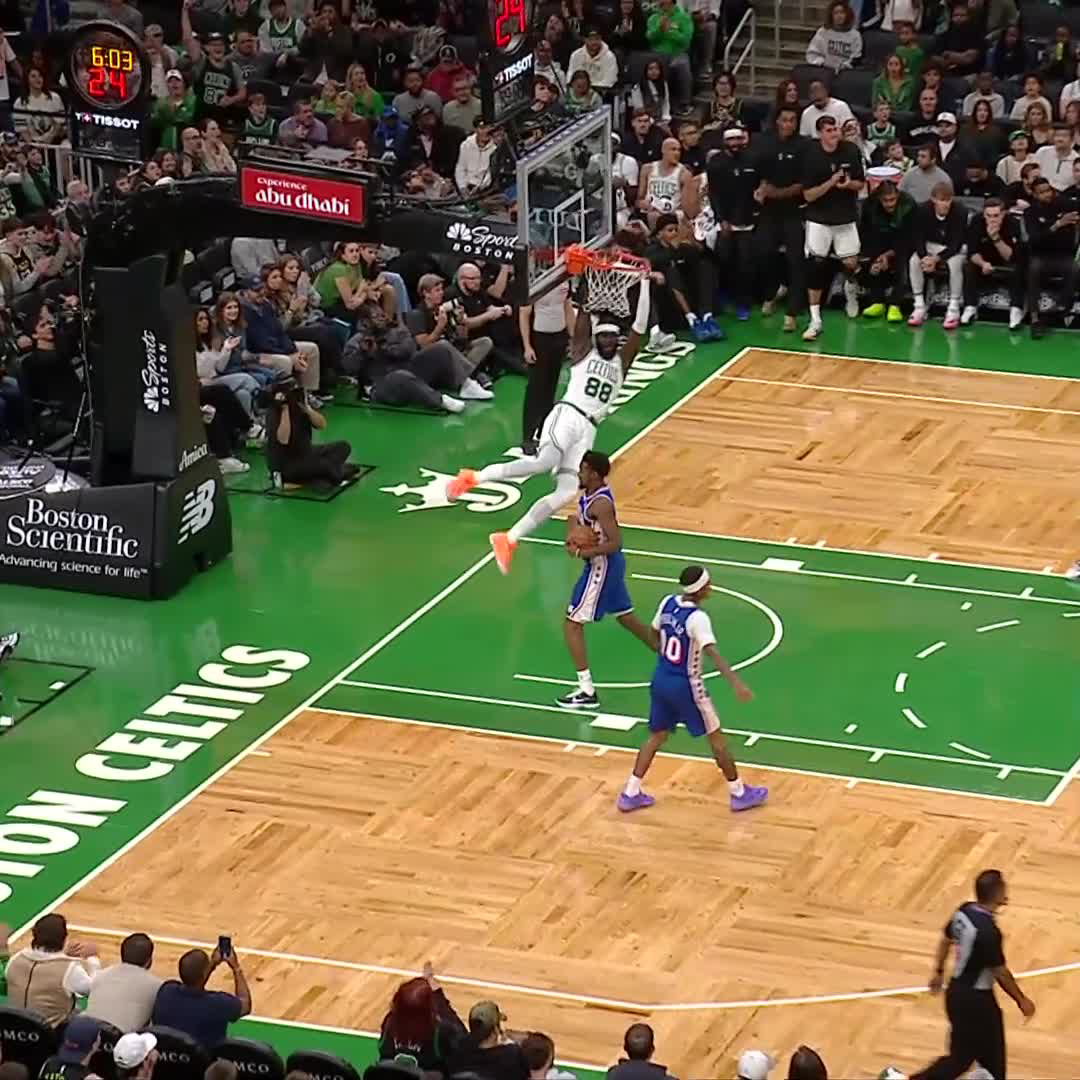 Boston Celtics #88 (Neemias Queta) throws down a dunk over the Philadelphia 76ers at the TD Garden with 6:03 left in the 2nd quarter, prompting the celebratory "NEEMIIIIIIIIIIII" reaction.