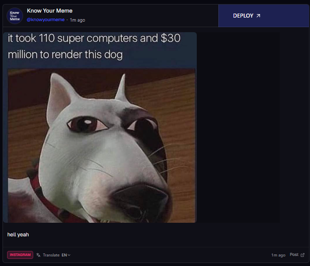 wigslop's tweet photo. KNOW YOUR MEME JUST POSTED THIS AI DOG ON IG

https://t.co/5y4TNxno1t

THEY SAID IT TOOK 30MIL$ AND 110 SUPER COMPUTERS TO RENDER THIS DOG

THIS IS THE BEST AI ANIMAL RUNNER https://t.co/CqnaaUVC2s