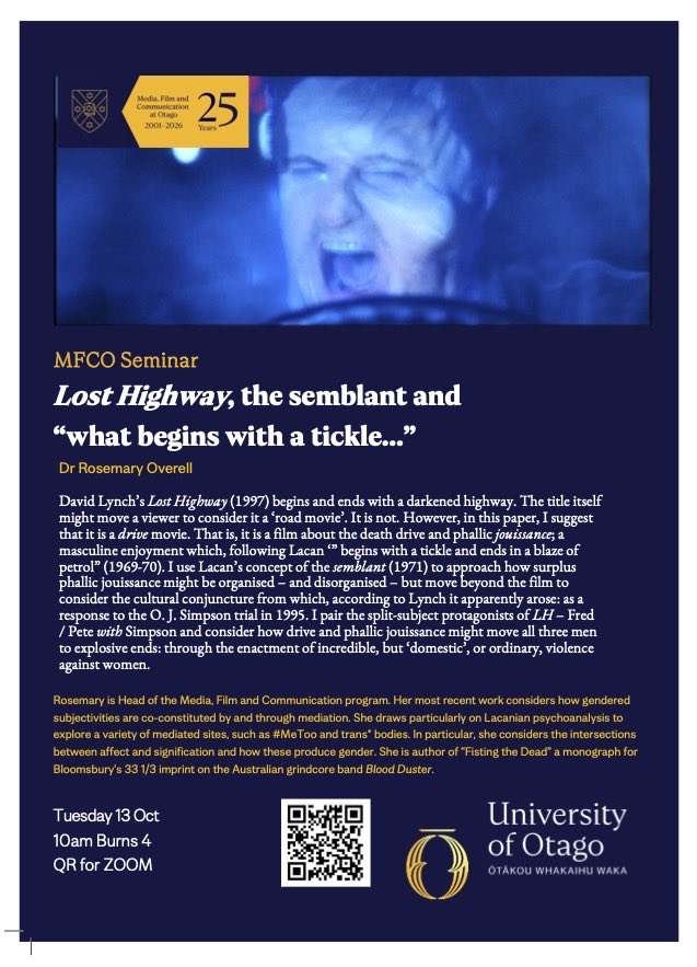 muzaken's tweet photo. Listen to me talk 🗣️ Lynch, Lost Highway & #Lacan on 13 Oct at 10am NZT in Burns 4 or on zoom Rego here: https://t.co/SgwmOQDutI
I use Lacan’s notion of the ‘semblant’ to discuss the intersection btw Lost Highway and the OJ Simpson trial - which apparently inspired #DavidLynch. https://t.co/D4Q0bSoYRr
