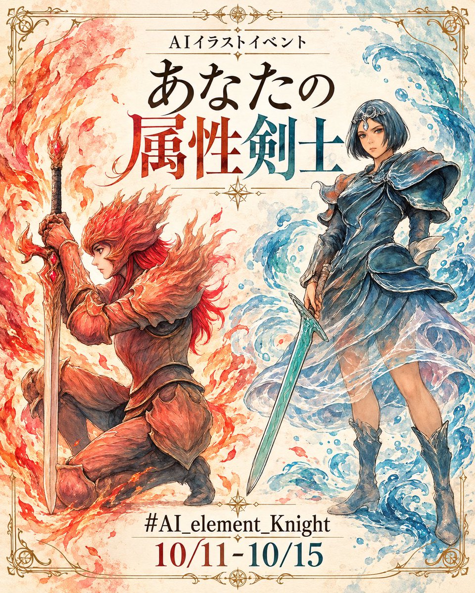 k696's tweet photo. AIイラストイベント
『あなたの属性剣士』
#AI_element_Knight
只今より開幕!
期間は10/15 23:59までとします!
#AI_element_Knight のタグを本文の140文字以内に入れていただいて(コピペ推奨)
AIイラストによる"あなたの属性剣士"を投稿してくださいね!
最優秀賞受賞者には特別な缶バッジ贈呈!
では今回も楽しんでまいりましょう♪