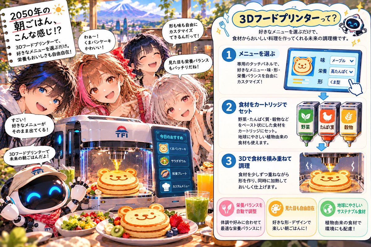 TFI_japan's tweet photo. ☀️ 2050年の朝ごはん、こんな感じ！？🥞

AIが体調に合わせて栄養を調整。
3Dプリンターで好きな料理を作る未来！

ティビが考えた未来の朝食をのぞいてみよう！🤖

#AI #未来予想図 #3Dプリンター #あすみら #TFI https://t.co/HchjzVhoLm