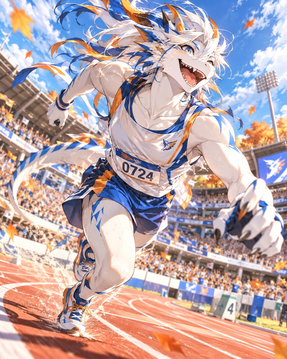 XjasmineY's tweet photo. 今日はスポーツの日🏃

猛暑が収まり、涼しい日々が続く秋。
この日に体を動かしたくなるのは人間だけではない。
竜族もまた、この日を待っていたかのように駆け回る。
そして、彼らの中には、走りやすい場所を求めるあまり、人間の競技場を借りる者すらいる。
#創作ドラゴン #AIイラスト https://t.co/UozzyT82L1