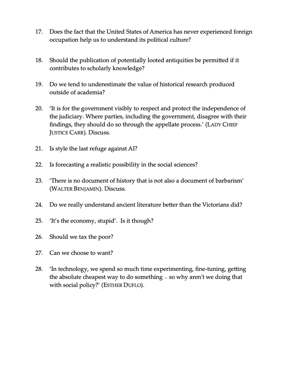 dwlz's tweet photo. Today I learned about the All Souls examination, which is reputed to be the hardest exam in the world.

To even be considered, you need to have a degree from, or be a current graduate student of Oxford.

Hundreds of people sit and only two people pass every year.

Attached is last year's general exam.

Before I saw it, I wondered, how hard could it be.

Well, it turns out…it's "Defend ghosting.", "Does a pope matter?", and "Is body language a language?" hard: