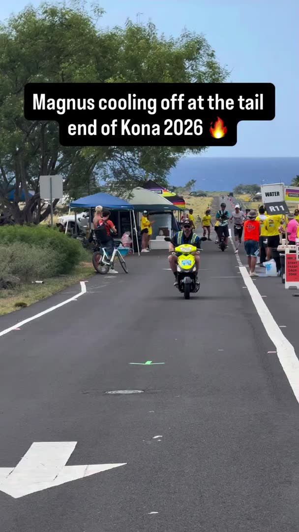 A photo captioned 'Magnus cooling off at the tail end of Kona 2026 🔥' shows a person riding a motorcycle down a race course with aid stations and spectators.