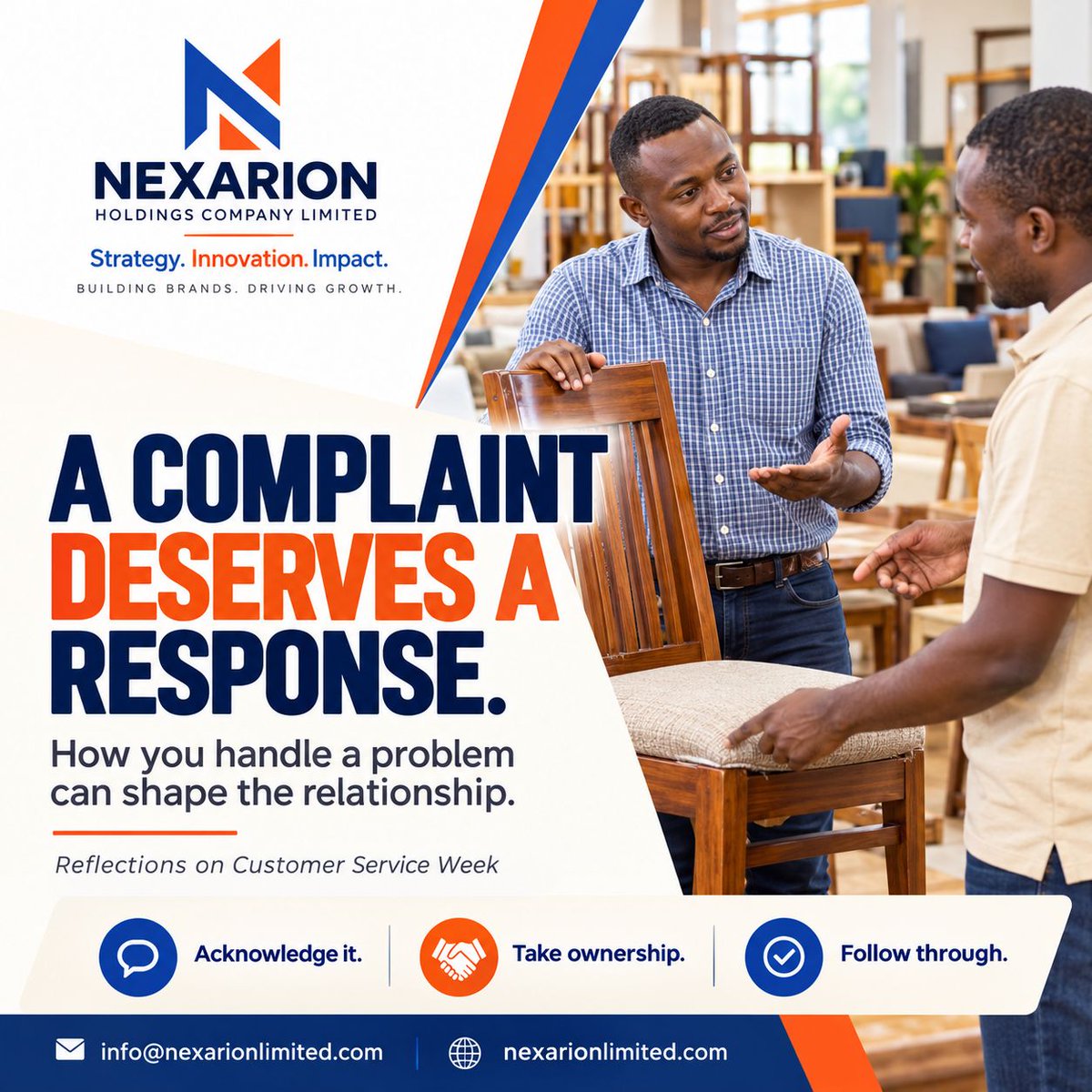 Nexaholdings's tweet photo. When something goes wrong, listen without becoming defensive. Acknowledge the concern, explain what you can do and follow through on the agreed solution.
#Nexarion #CustomerServiceWeek #ServiceRecovery https://t.co/hva6UhULOJ