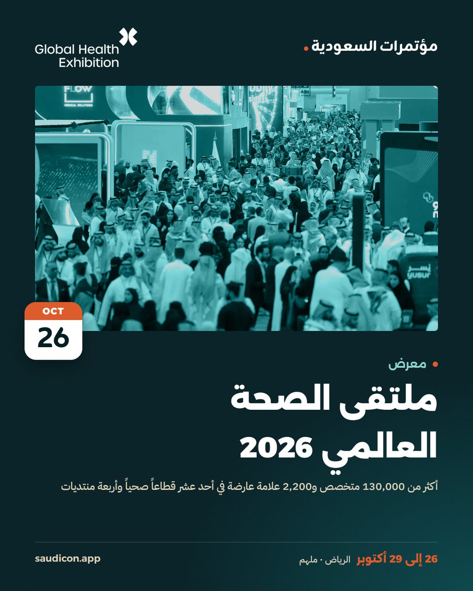 SaudiConApp's tweet photo. ملتقى الصحة العالمي من 26 إلى 29 أكتوبر في ملهم، بمشاركة أكثر من 130,000 متخصص و2,200 علامة عارضة في أحد عشر قطاعاً صحياً @globalhealthexh @TahalufGlobal https://t.co/y5kwKs3bMV