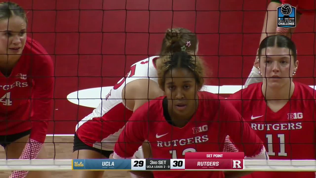 A volleyball match broadcast shows Rutgers players in red jerseys at the net; the score graphic reads 'UCLA 29, RUTGERS 30' in the 3rd set on 'SET POINT', with 'UCLA LEADS 2-0'.