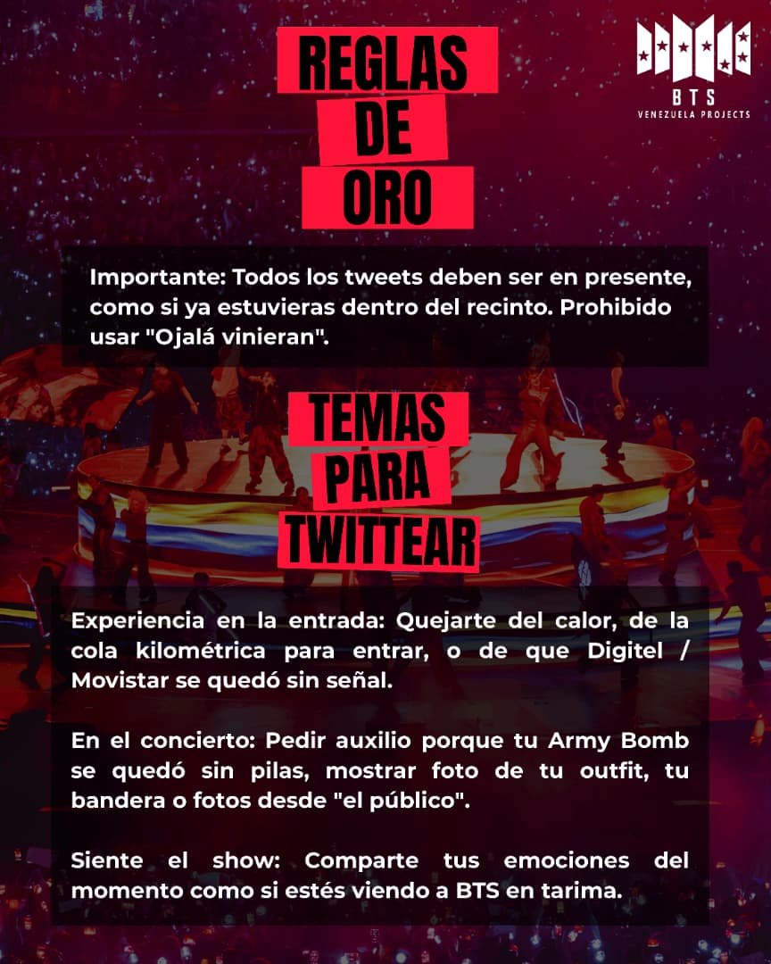 btsvzlaprojects's tweet photo. ¡ARMYS DE VENEZUELA! 🇻🇪

La celebración y el trabajo continúa🇻🇪🫂
Celebremos juntos esta Stream Party: ARIRANG WORLD TOUR CARACAS
Los # a utilizar son muy importantes: 

#BTSinCaracas #BTSinVenezuela #ArirangWorldTourVenezuela 

¿Te unes a la experiencia de BTS en Venezuela? 🇻🇪 https://t.co/V95y42SBjX