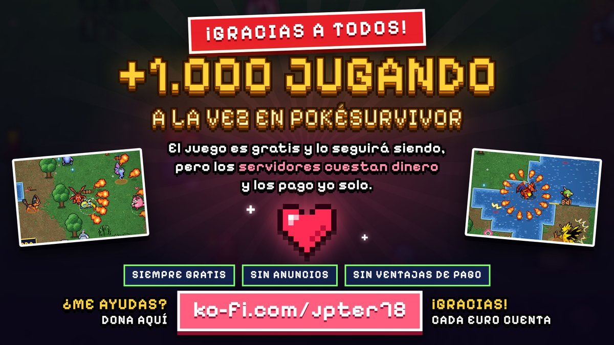 JPTER78's tweet photo. Ahora mismo hay +1.000 personas jugando a PokéSurvivor a la vez 🤯

Lo hago yo solo, es gratis y lo seguirá siendo: sin anuncios ni pagos dentro del juego.

Pero los servidores cuestan dinero y no me llega. Si podéis ayudar, aunque sea 1€, lo agradezco muchísimo ❤️ https://t.co/eyGlV1sRLr