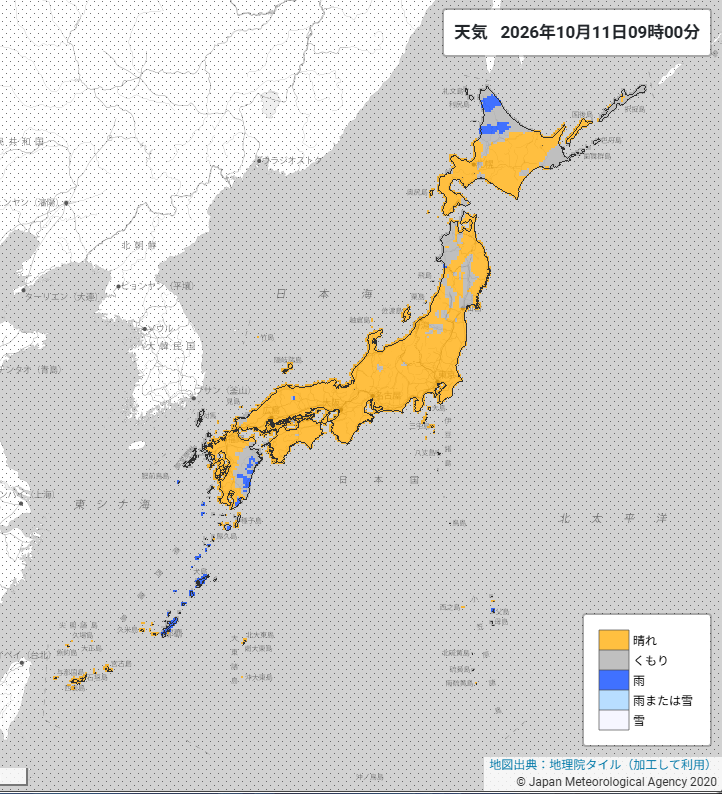 nao7weather's tweet photo. 今日は、これだけ全国広く晴れているのに、宮崎は朝から雨。レーダーだけみていたら判断を見誤るパターンですね。何も連休中日にこんなことにならなくてもいいのに。（画像：JMA-HP） https://t.co/rITYos5Cra