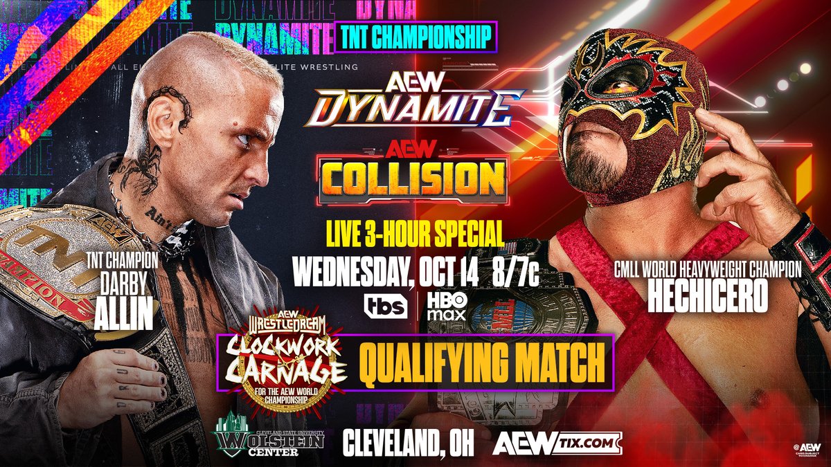 AEW's tweet photo. #AEWDynamite/#AEWCollision 10/14, 8/7c, TBS &amp; HBO Max
TNT Title &amp; Clockwork Carnage Qualifier
@DarbyAllin vs Hechicero
Darby will defend the TNT Title vs Hechicero on Wednesday, + the winner locks up a spot in Clockwork Carnage at WrestleDream!
Darby vs Hechicero, this Wednesday! https://t.co/QTjlwTRlR9