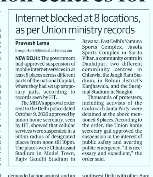sunetrac's tweet photo. Not only central delhi but across the NCR, even Rohini, wherever there were protestors, internet was shutdown. @LamaPrawesh newsbreak in HT https://t.co/pFZAwCPnwJ