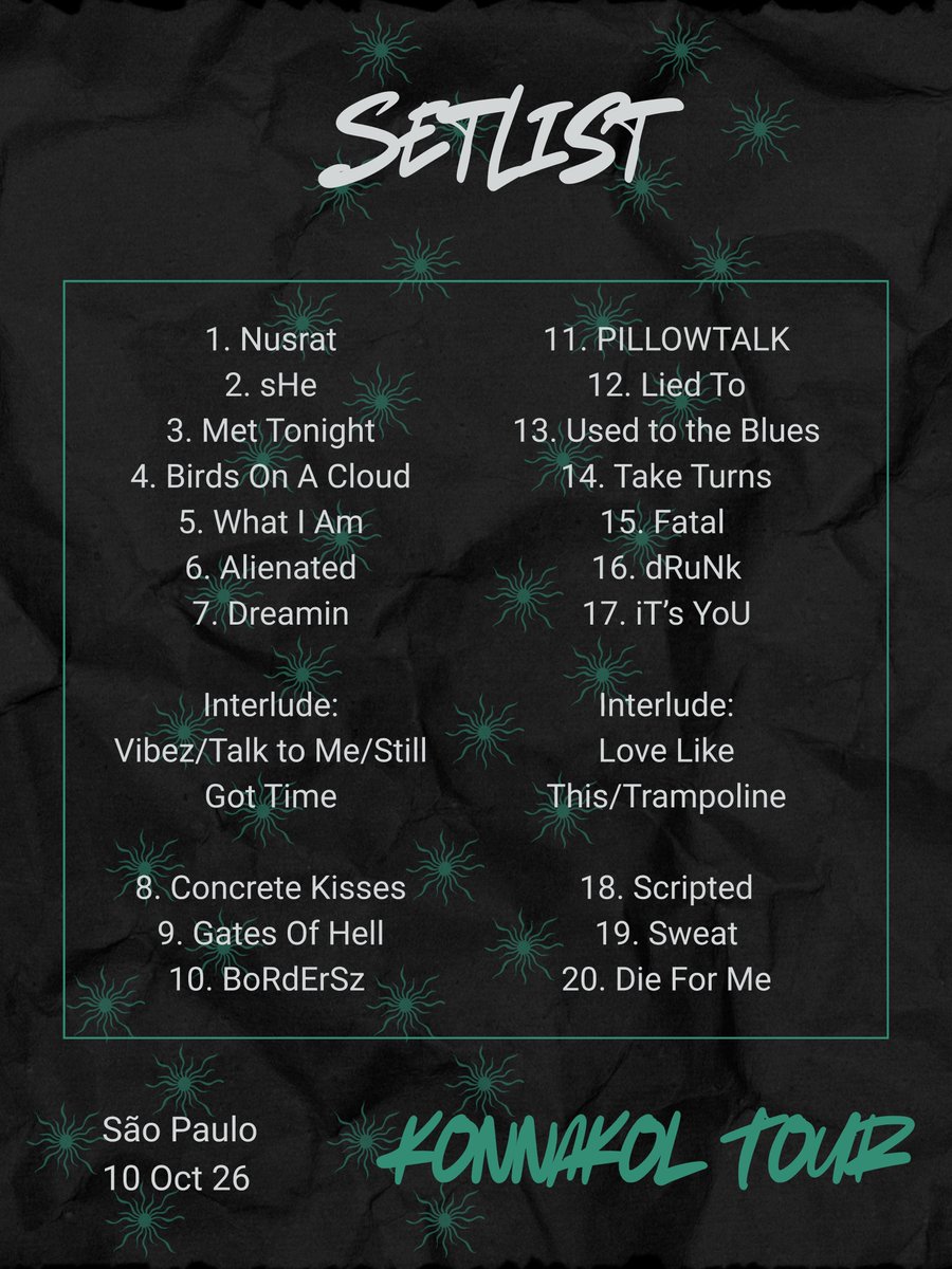 OT5DTour's tweet photo. Zayn's setlist for his show in São Paulo!

#KONNAKOLTour
#KONNAKOLBrasil 
#KONNAKOLSãoPaulo

10/10/2026 https://t.co/adN1kXCynf