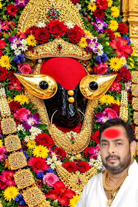 A devotional Hindu image featuring an ornate black deity face adorned with golden eyes and elaborate gold jewelry, surrounded by colorful flowers, with a man wearing a red tilak on his forehead in the lower right corner.