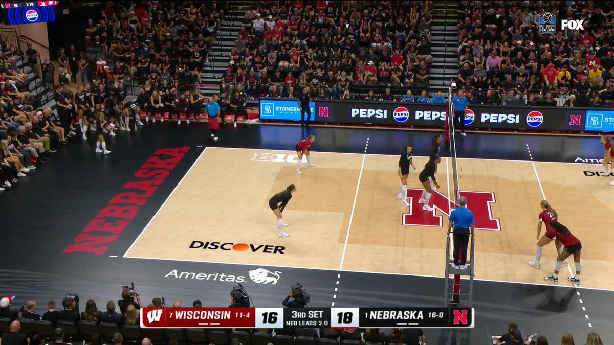 The image shows a Nebraska Huskers volleyball match against Wisconsin, with the scoreboard displaying Wisconsin trailing 16-18 to undefeated Nebraska (16-0) in the 3rd set, during what appears to be the final moments of the game. The caption celebrates Harper achieving a season-high 19 kills to secure the Huskers' victory, with players visible in their defensive positions on the court amid a packed arena.