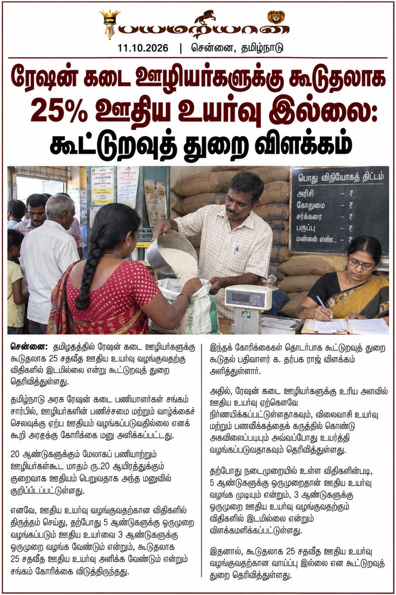 tnpresstv's tweet photo. ரேஷன் கடை ஊழியர்களுக்கு கூடுதலாக 25% ஊதிய உயர்வு இல்லை: கூட்டுறவுத் துறை விளக்கம்
#RationShopWorkers #SalaryHike #RationShops #CooperationDepartment #TamilNadu #GovernmentEmployees #DearnessAllowance #WageRevision #WorkersRights #PublicDistributionSystem #TNPressTV https://t.co/L3qc8B1bhu
