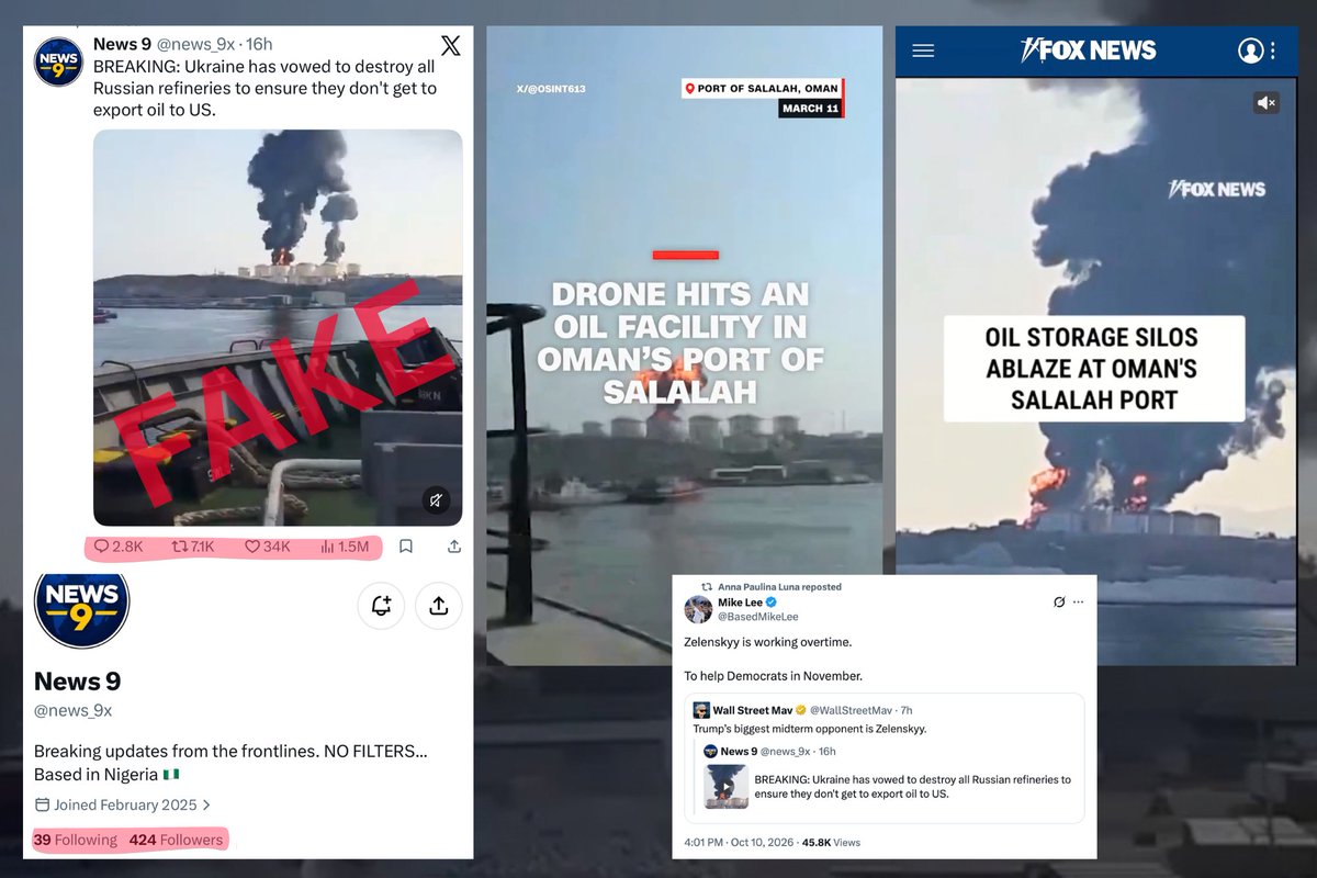 OstapYarysh's tweet photo. ‼️ Here's how disinformation works: An anonymous account based in Nigeria, with just over 400 followers, posts a video of an Iranian attack on a port in Oman in March 2026, falsely presenting it as a Ukrainian strike and claiming Ukraine “vowed to ensure Russian oil doesn't get to the U.S.”

Thousands of people retweet it, including members of the U.S. Congress. Voilà.

Expect a flood of similar disinformation tactics in the coming weeks.