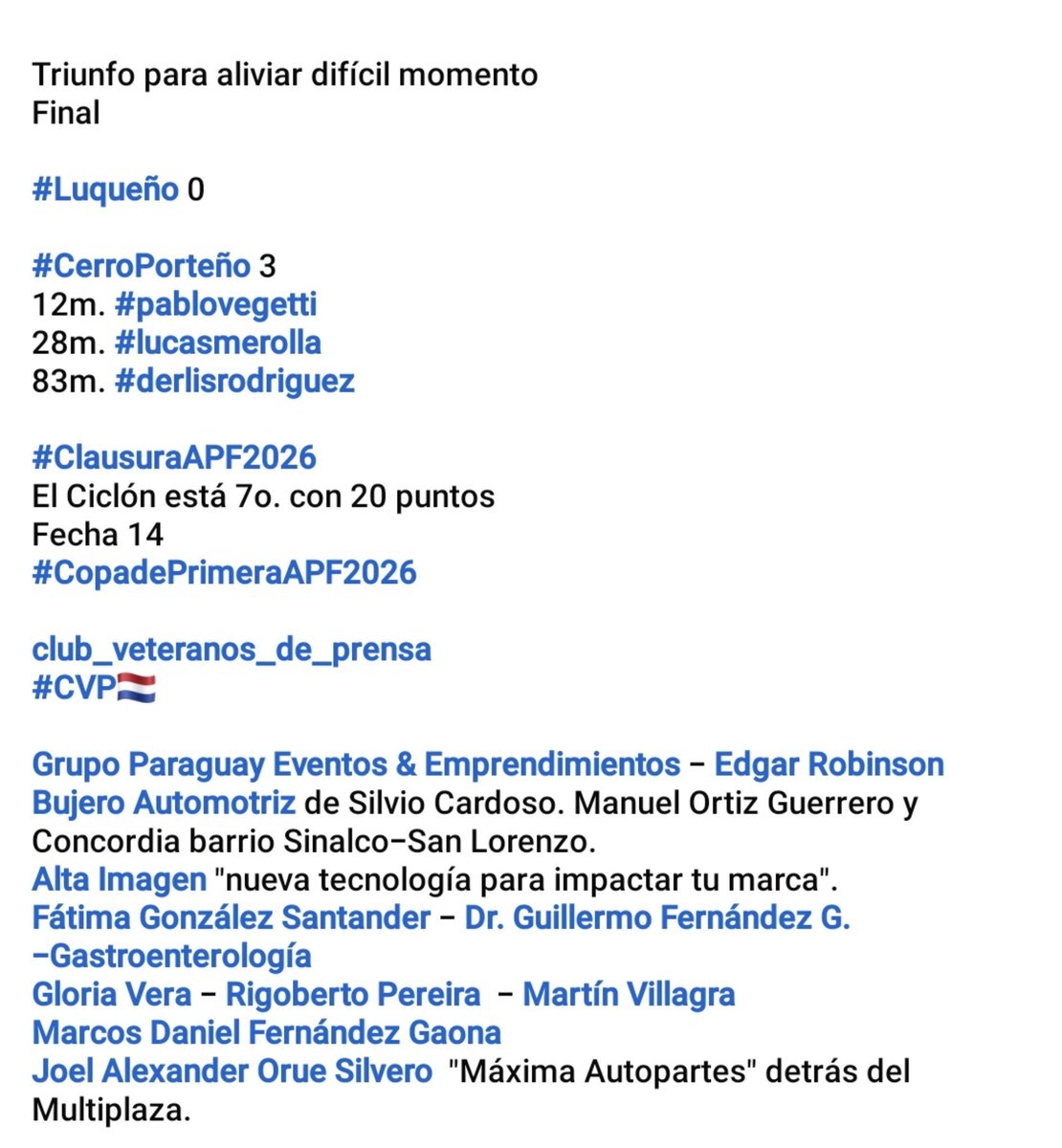 golazotropical1's tweet photo. Triunfo para aliviar difícil momento 
Final 

#Luqueño 0

#CerroPorteño 3 
12m. #pablovegetti 
28m. #lucasmerolla 
83m. #derlisrodriguez 

#ClausuraAPF2026 
El #Ciclón está 7o. con 20 puntos 
Fecha 14
#CopadePrimeraAPF2026 

@ClubVeteranos de Prensa 
#CVP🇳🇱 https://t.co/QsJTIzqBXg