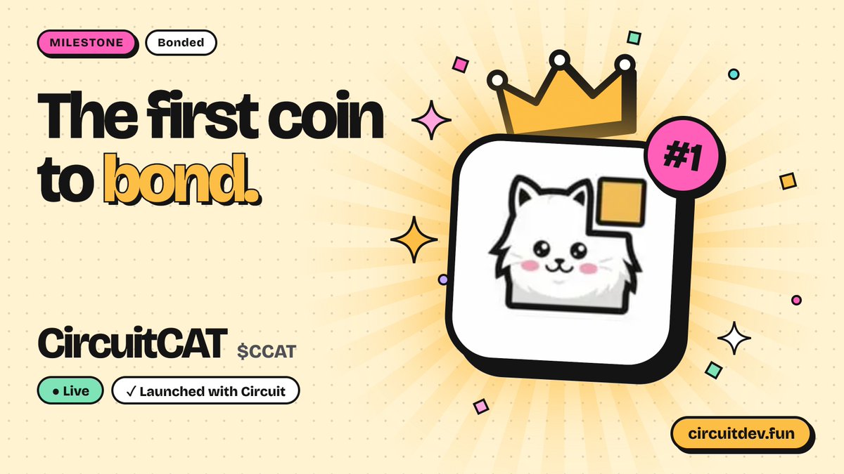 circuitdevfun's tweet photo. $CCAT is officially the first coin to bond on the Circuit launchpad!

Massive milestone for now, many more to be reached in the future.

Let your creativity run wild on https://t.co/sJPnCpfqKv https://t.co/0dHtG1Lun7