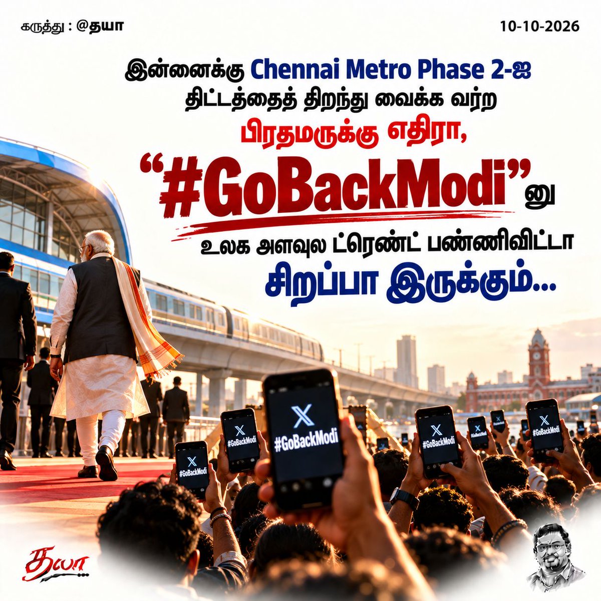 dhayananth4tn's tweet photo. இன்னைக்கு Chennai Metro Phase 2-ஐ திட்டத்தைத் திறந்து வைக்க வர்ற பிரதமருக்கு எதிரா, 
“#GoBackModi”னு உலக அளவுல ட்ரெண்ட் பண்ணிவிட்டா சிறப்பா இருக்கும்... https://t.co/lNn6ijO9v3
