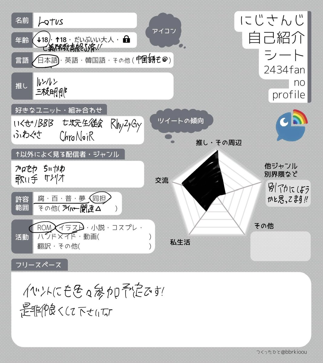 LOTUS881118's tweet photo. 初投稿です!にじさんじ好きのお友達欲しいです!

🚺 15⤴︎18⤵︎ 関東圏在住
繋がりは性別年齢問いません!

ルールなど詳しくないので不手際あったらごめんなさい!
いいね、リプ等の反応フォロー失礼します。

#にじさんじ好きと繋がりたい
#にじさんじ好きさんと繋がりたい https://t.co/Ck08W3EAcn