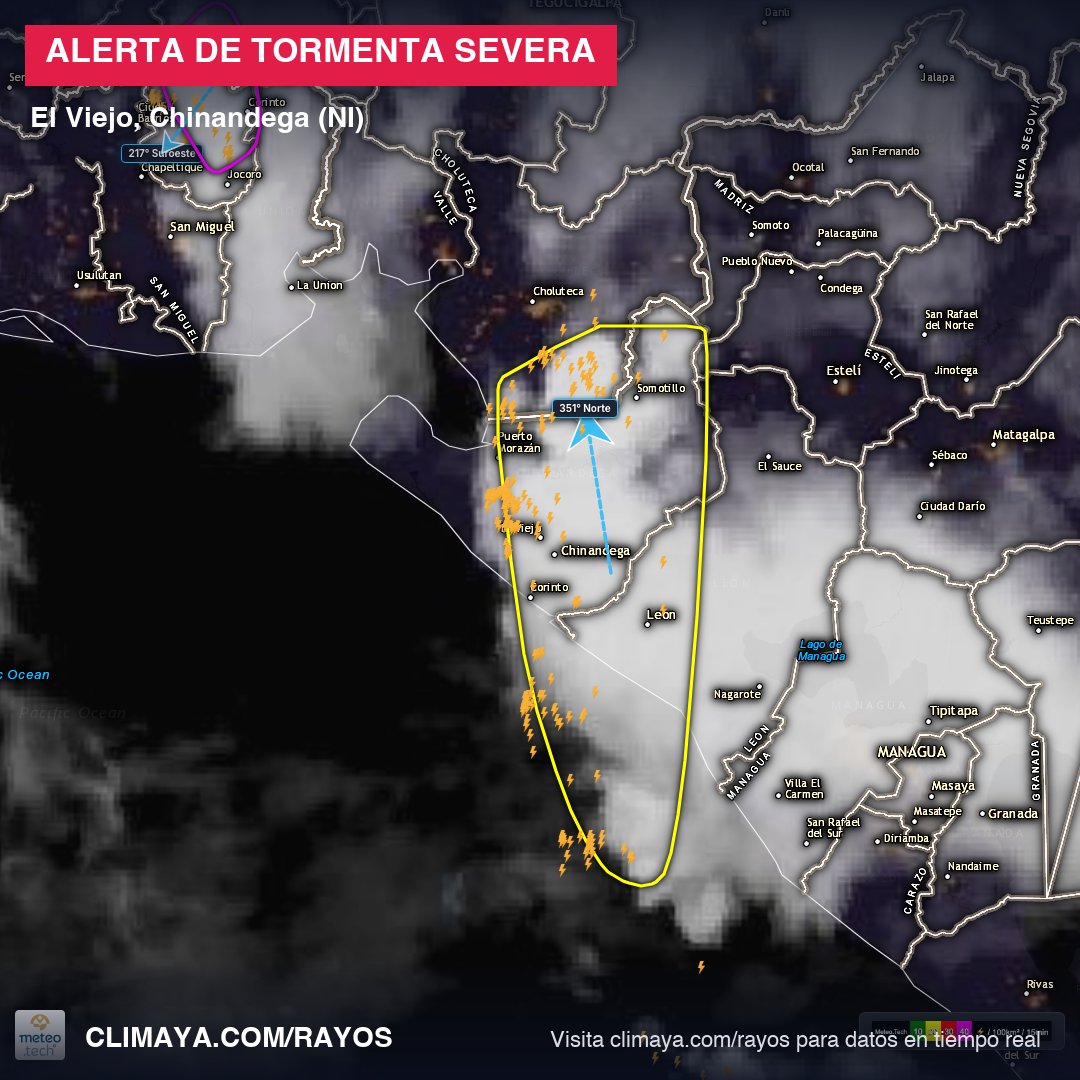 climaya's tweet photo. Tormenta severa en El Viejo, Chinandega: 979 rayos y densidad de 37 r/km². Resguárdese inmediatamente y evite espacios abiertos mientras esta tormenta pasa por su zona. ⛈️ #climaNI https://t.co/fUIukBuv0Z