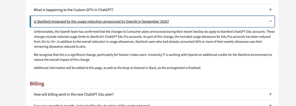 Stanford support page excerpt stating ChatGPT Edu Pro usage was reduced from 20x to 10x and that some already-heavy users lost their remaining weekly allowance