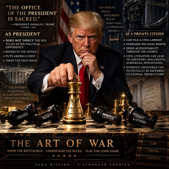 The image is a political graphic featuring President Donald J. Trump pointing at a golden chess piece labeled "Strategy Over Emotion," surrounded by fallen black pieces marked "Obama," "Biden," "Clinton," and "Comey & Others," with text contrasting his role "As President" versus "As a Private Citizen" and declaring "The Art of War: Know the battlefield. Understand the rules. Play the long game." This visual metaphor aligns with the post's message by illustrating Trump's strategic restraint while in office and his willingness to pursue legal action as a private citizen, including his Supreme Court petition referenced in the caption.