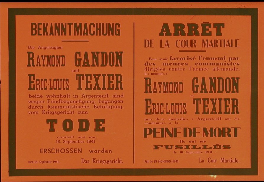 JoseMSantana10's tweet photo. “If it looks like a duck, swims like a duck, and quacks like a duck, then it probably is a duck.”

The poster is a German court-martial notice stating that Raymond Gandon and Eric-Louis Texier from Argenteuil were sentenced to death and executed by firing squad on September 18, 1941, for aiding the enemy through communist activities against the German army.

The photograph documents a public hanging in an occupied town square, where local residents were forced to gather to witness the executions. Bodies were often left hanging with signs to terrorize the population.

We all re-enter Jihadism once again.