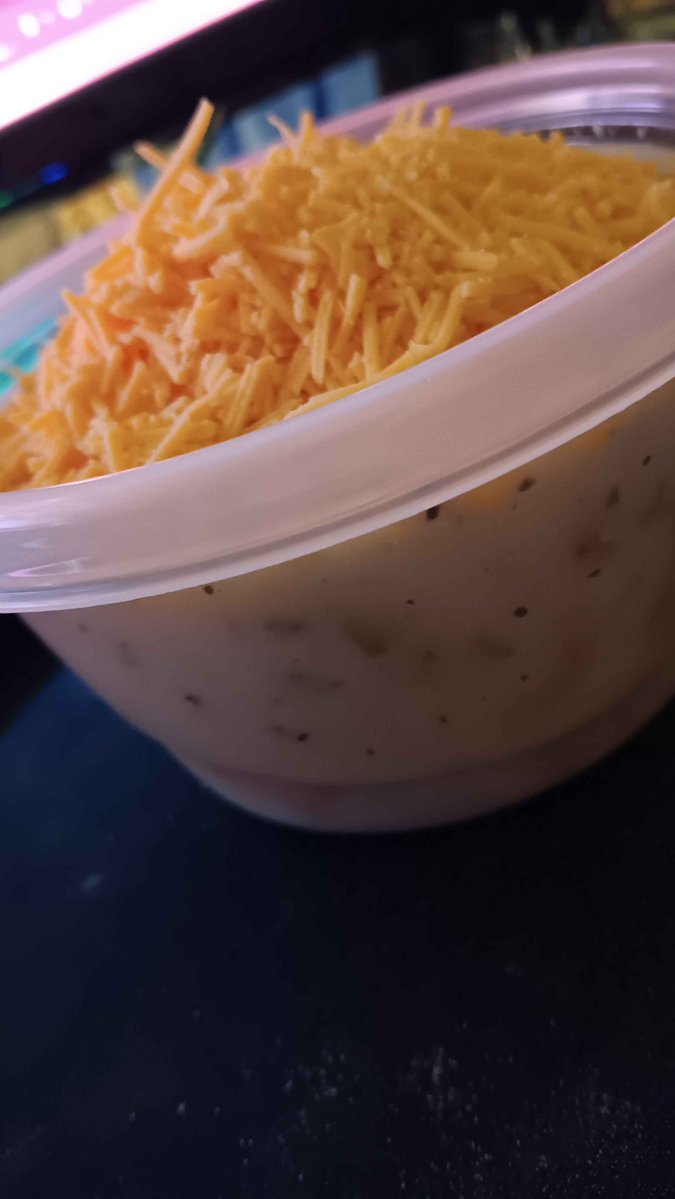 UtopicFox's tweet photo. tonights dinner is cheese burger soup XD in a tupperware container XDD LOL i was ready to eat and it was the closest LOL https://t.co/rjxHx0Qdev