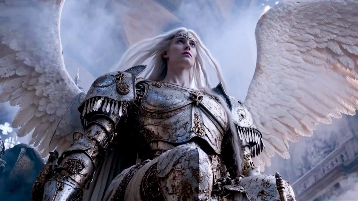 A digital illustration of a blonde angel in ornate silver armor with large white wings spread wide against a cloudy sky.