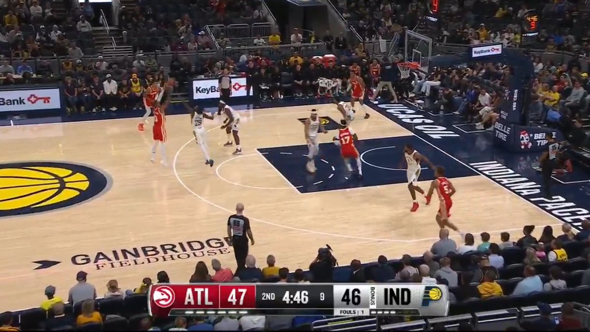A basketball game at Gainbridge Fieldhouse between the Indiana Pacers and Atlanta Hawks, with the scoreboard showing ATL leading IND 47-46 with 4:46 remaining in the 2nd quarter.